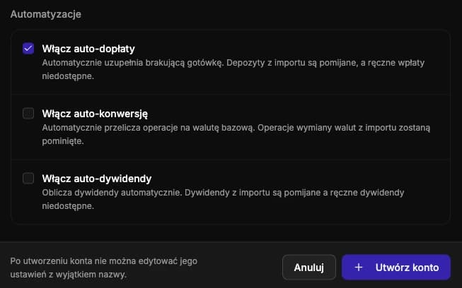 Ustawienia konta FundStat z opcjonalnymi automatyzacjami i auto-dopłatami