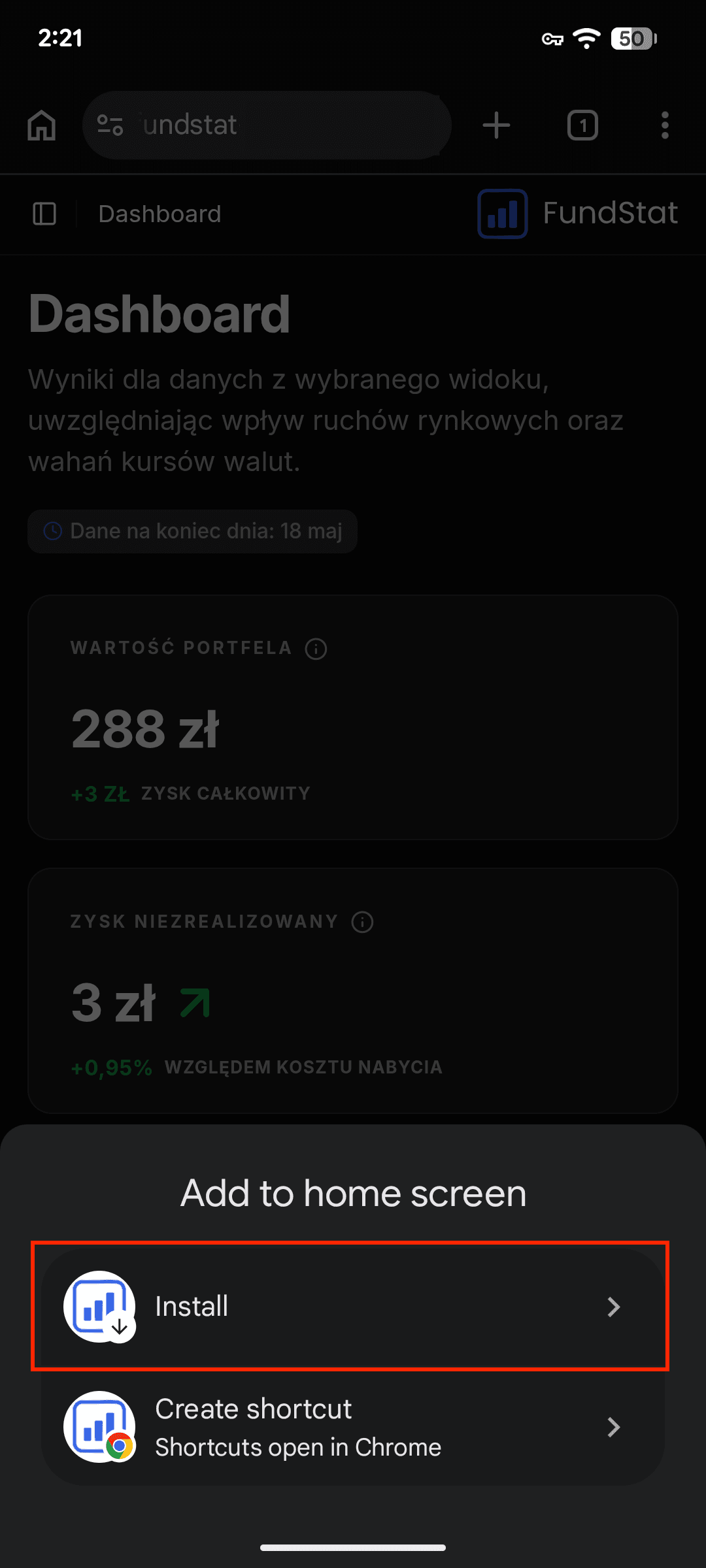 Menu Androida z opcją dodania FundStat do ekranu głównego lub instalacji aplikacji
