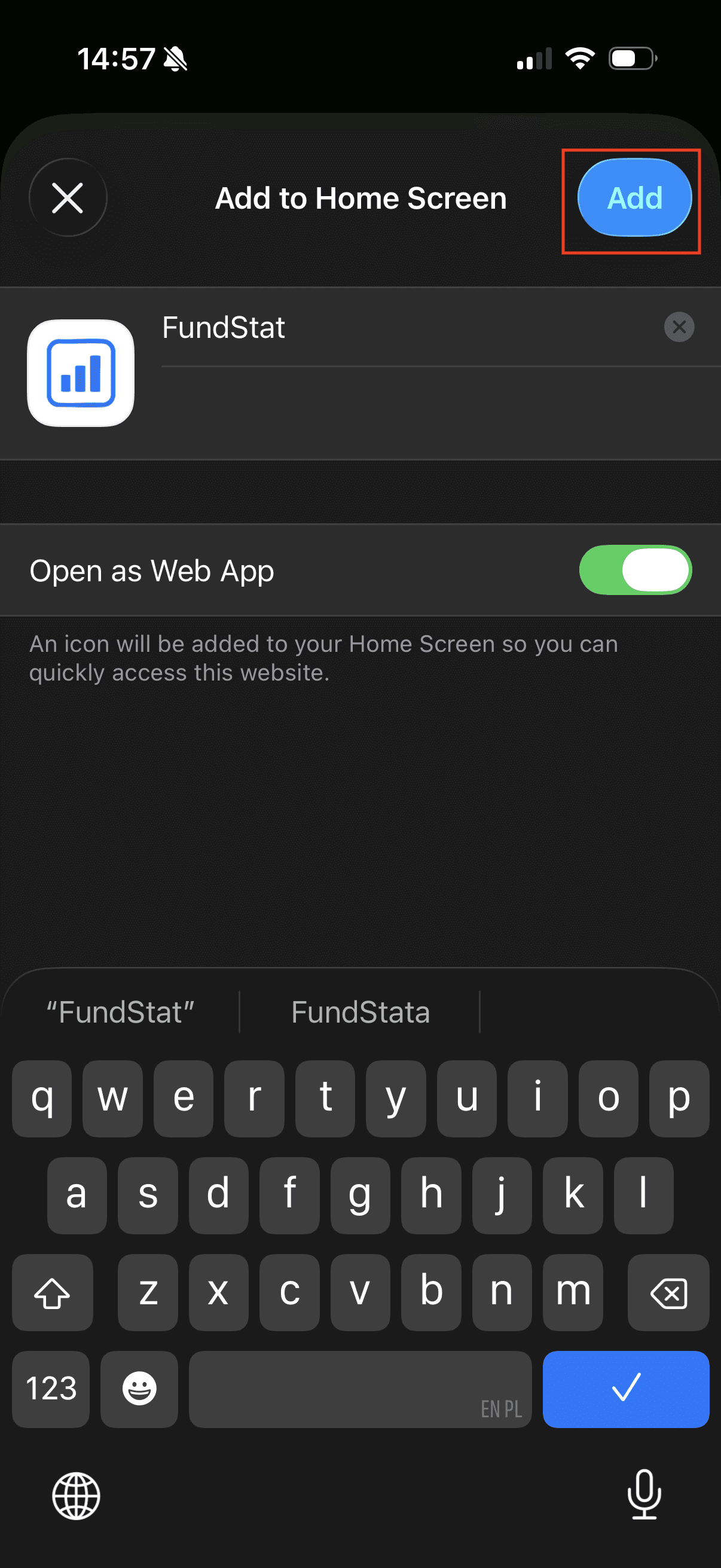 Potwierdzenie dodania FundStat do ekranu początkowego na iOS