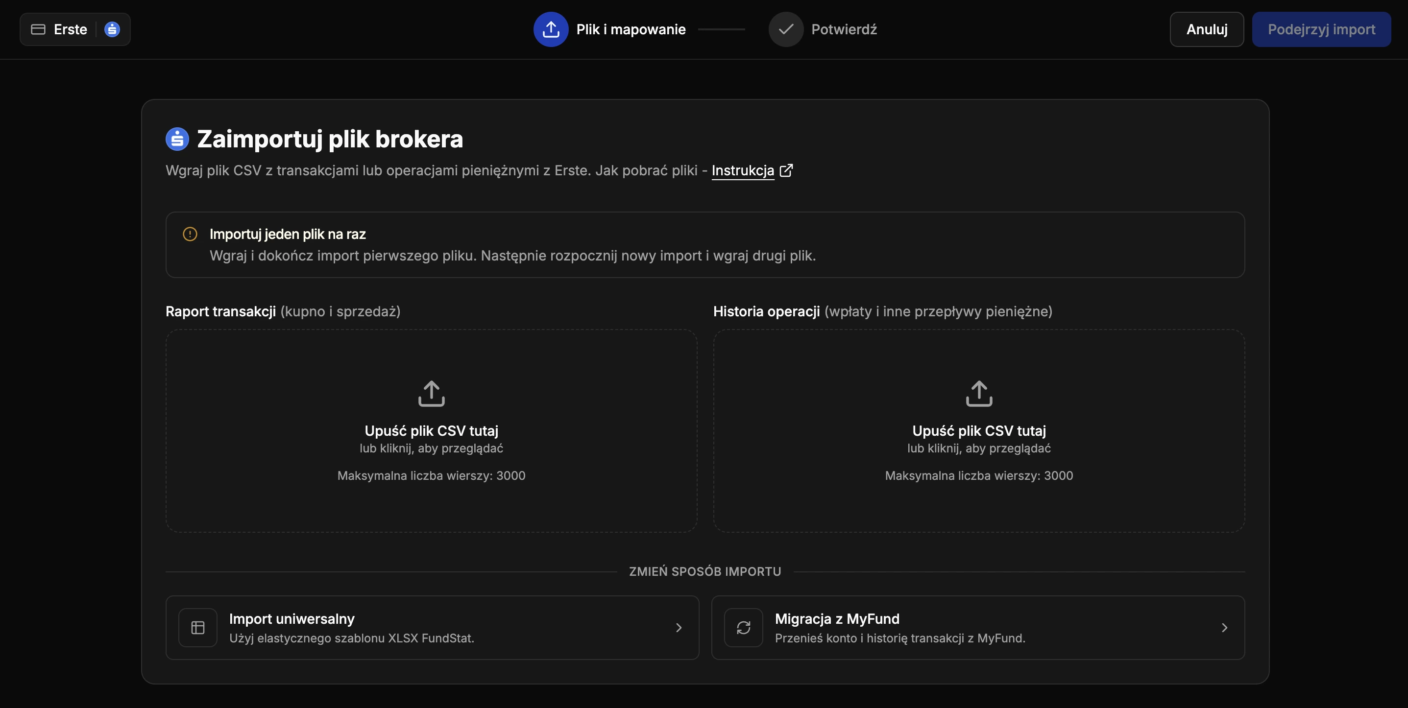 Erste import in FundStat with separate fields for trades and cash operations