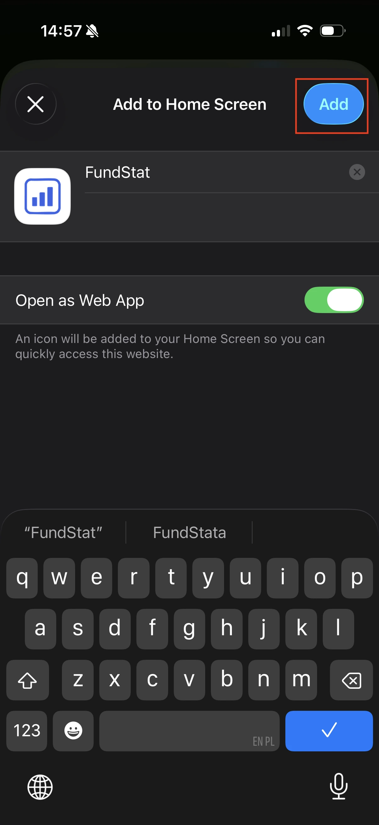 iOS Add to Home Screen confirmation for FundStat