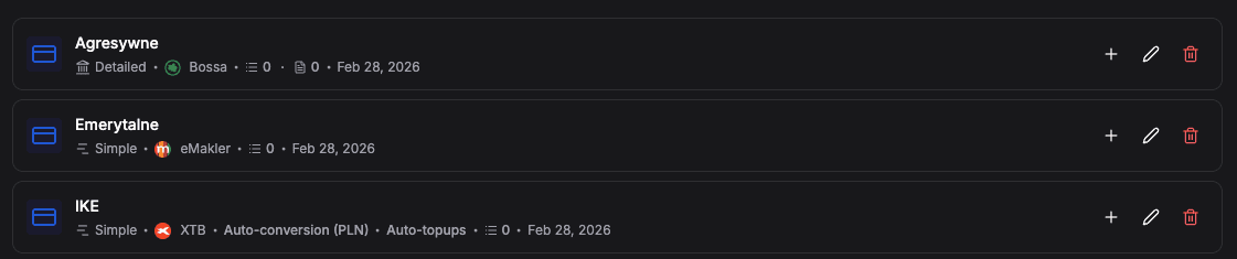 Accounts and Wallets view with three accounts