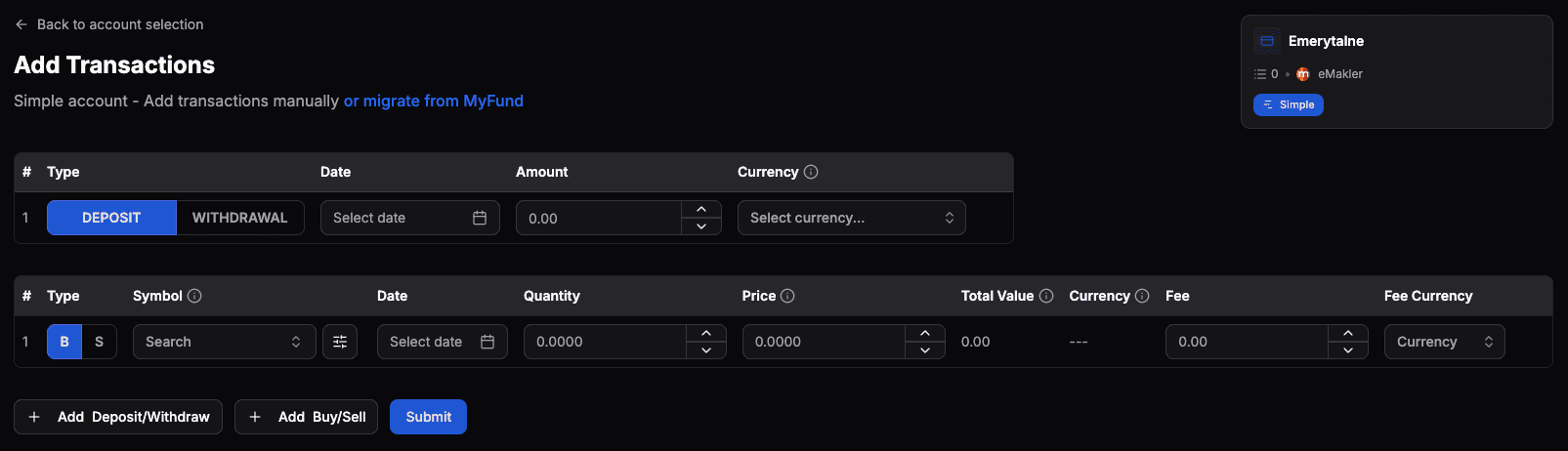 Adding records in a Simple account without automation