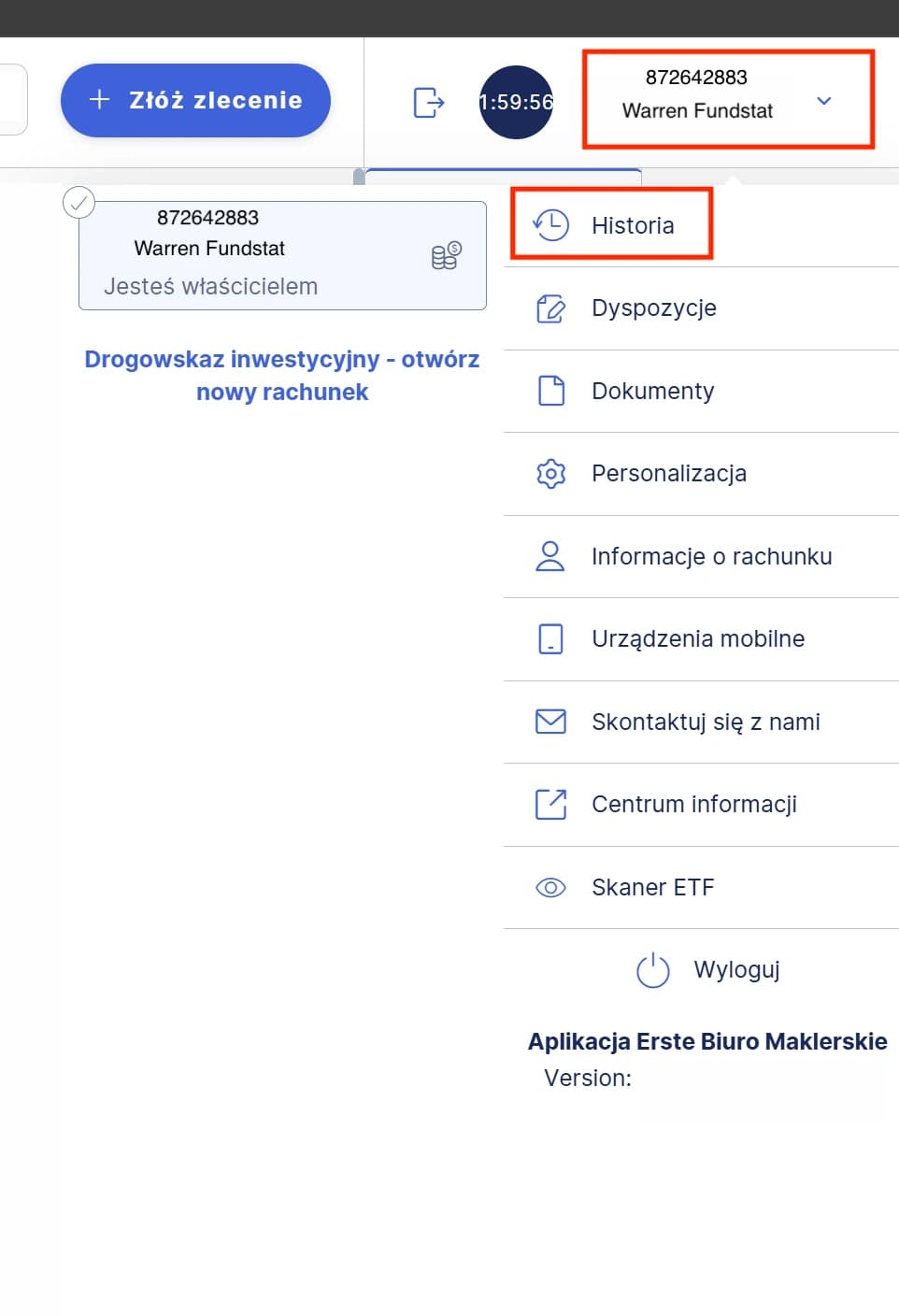 Erste account menu with History highlighted