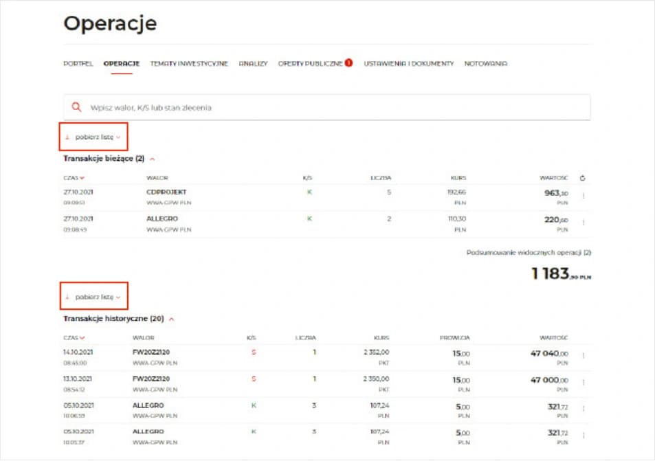 Zrzut ekranu dla Pobierz transakcje