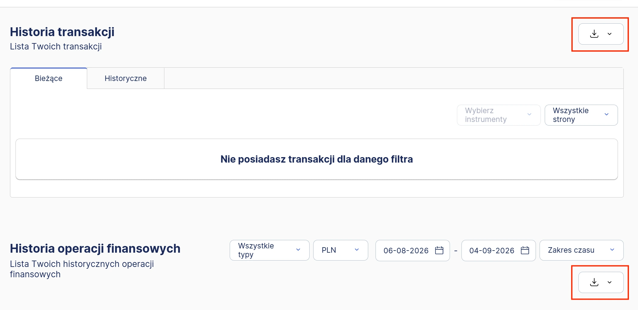 Erste transaction and financial operation history with download buttons highlighted