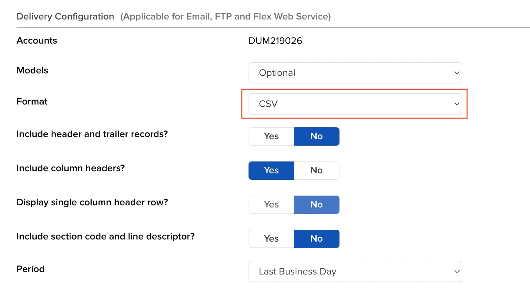 Zrzut ekranu dla Ustaw konfigurację dostarczania na CSV