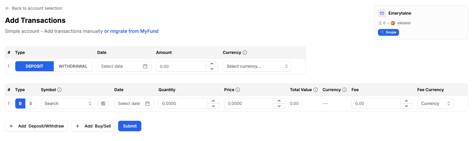 Adding records in a Simple account without automation