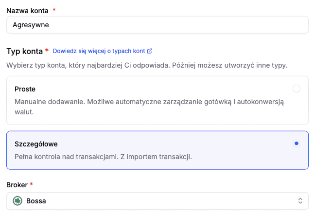 Widok tworzenia konta Szczegółowego