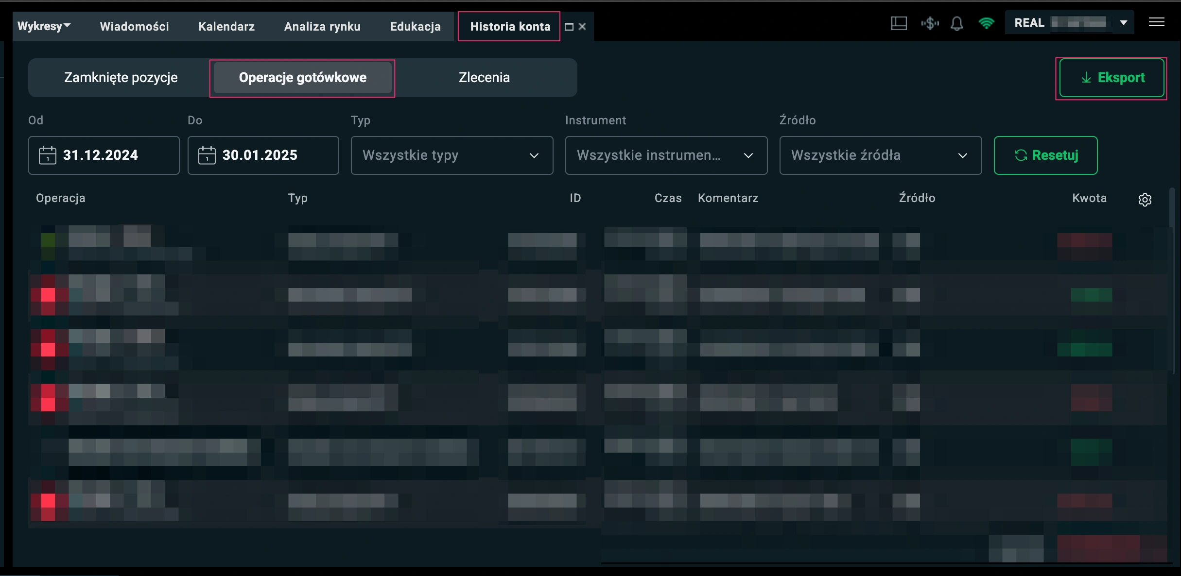 Zrzut ekranu dla Przejdź do sekcji Historia konta