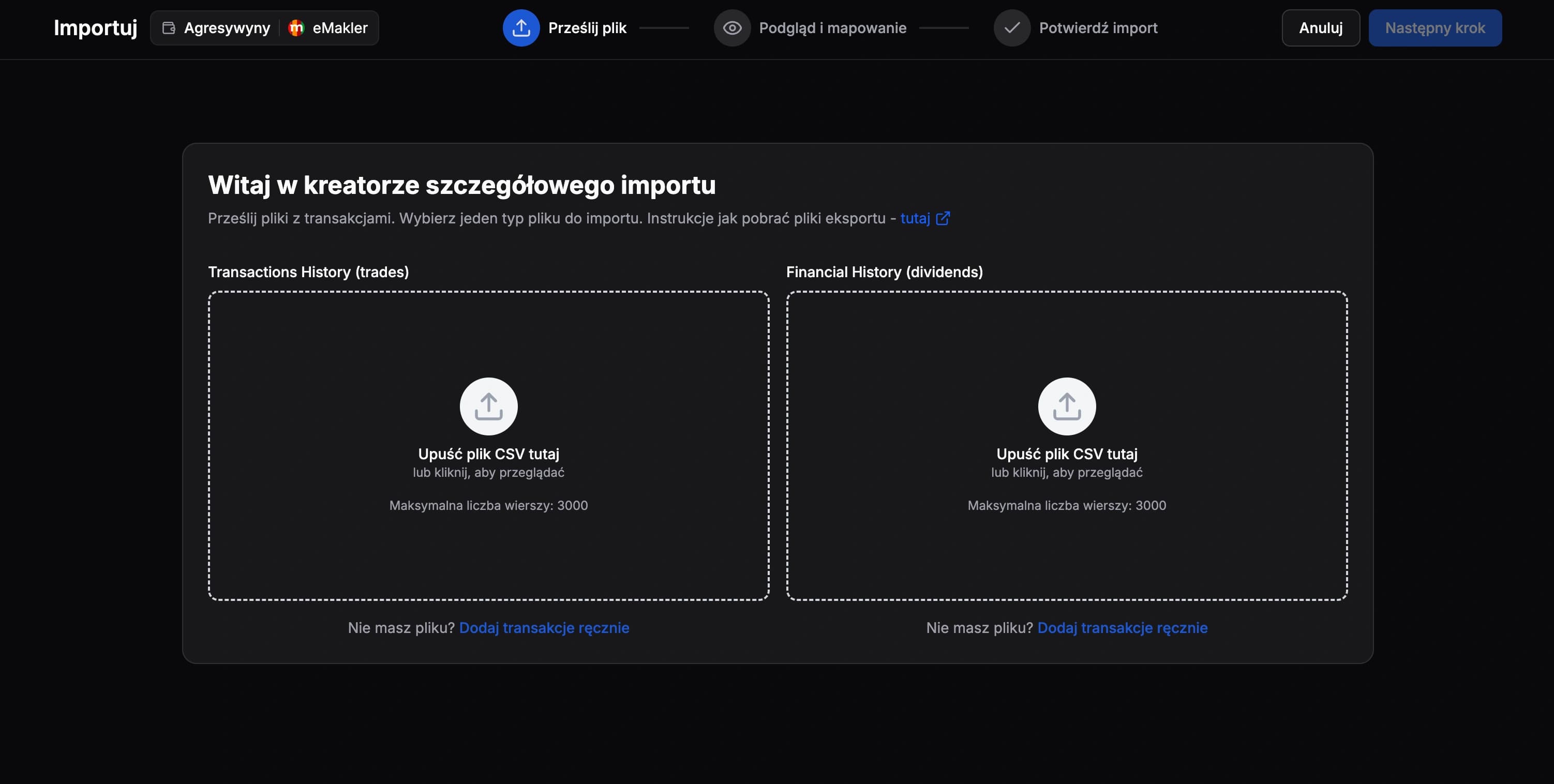 Zrzut ekranu dla Zaimportuj do FundStat