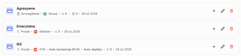 Widok Konta i Portfele z trzema kontami