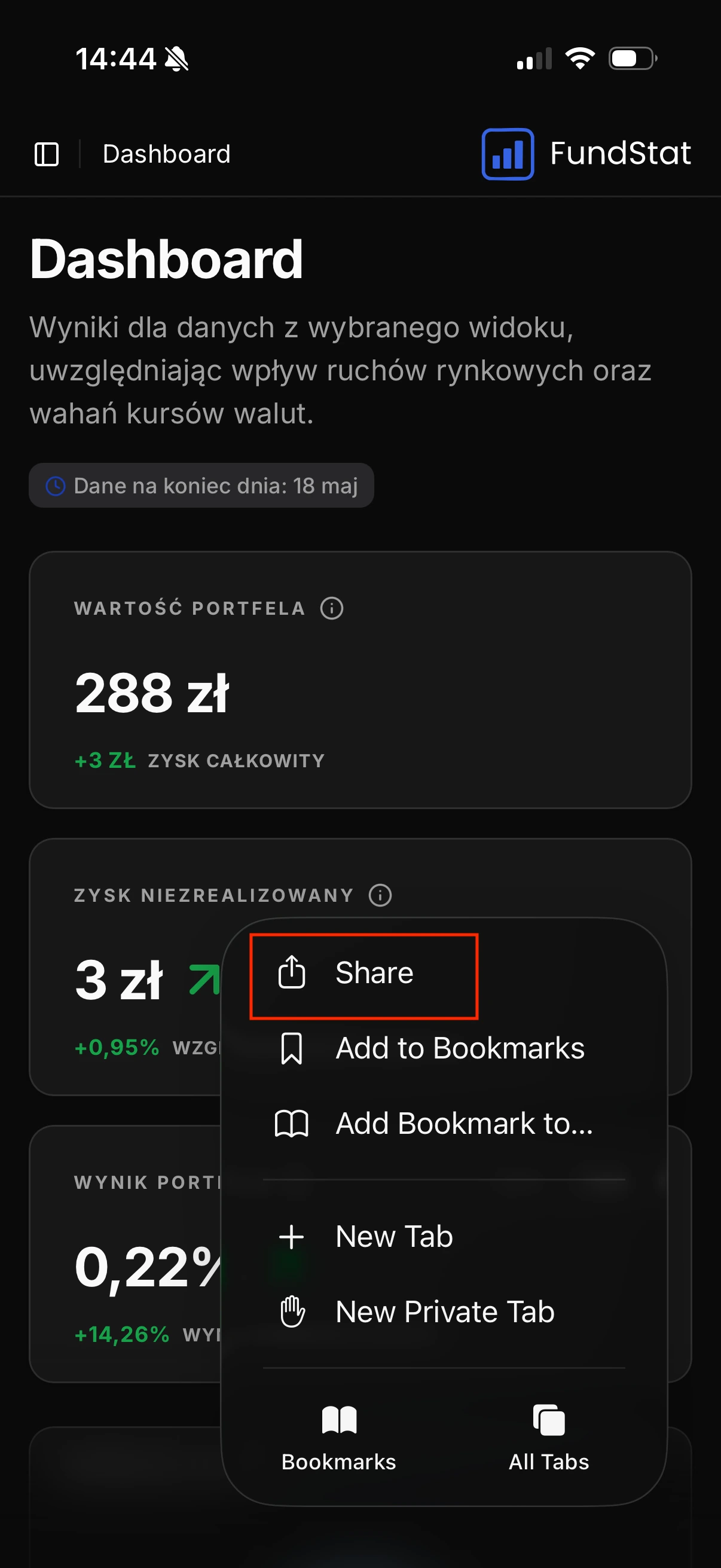 FundStat opened in Safari on iOS with the share button visible