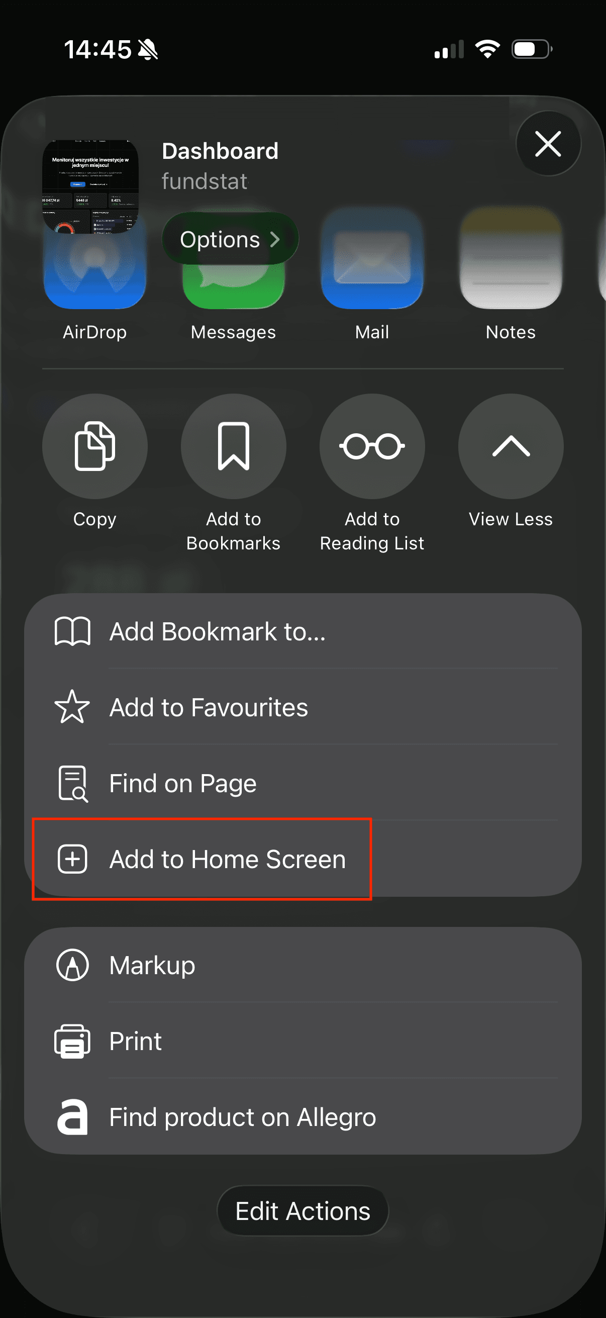 Menu udostępniania iOS z opcją dodania FundStat do ekranu początkowego