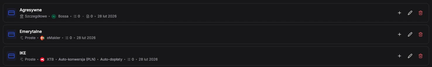 Widok Konta i Portfele z trzema kontami