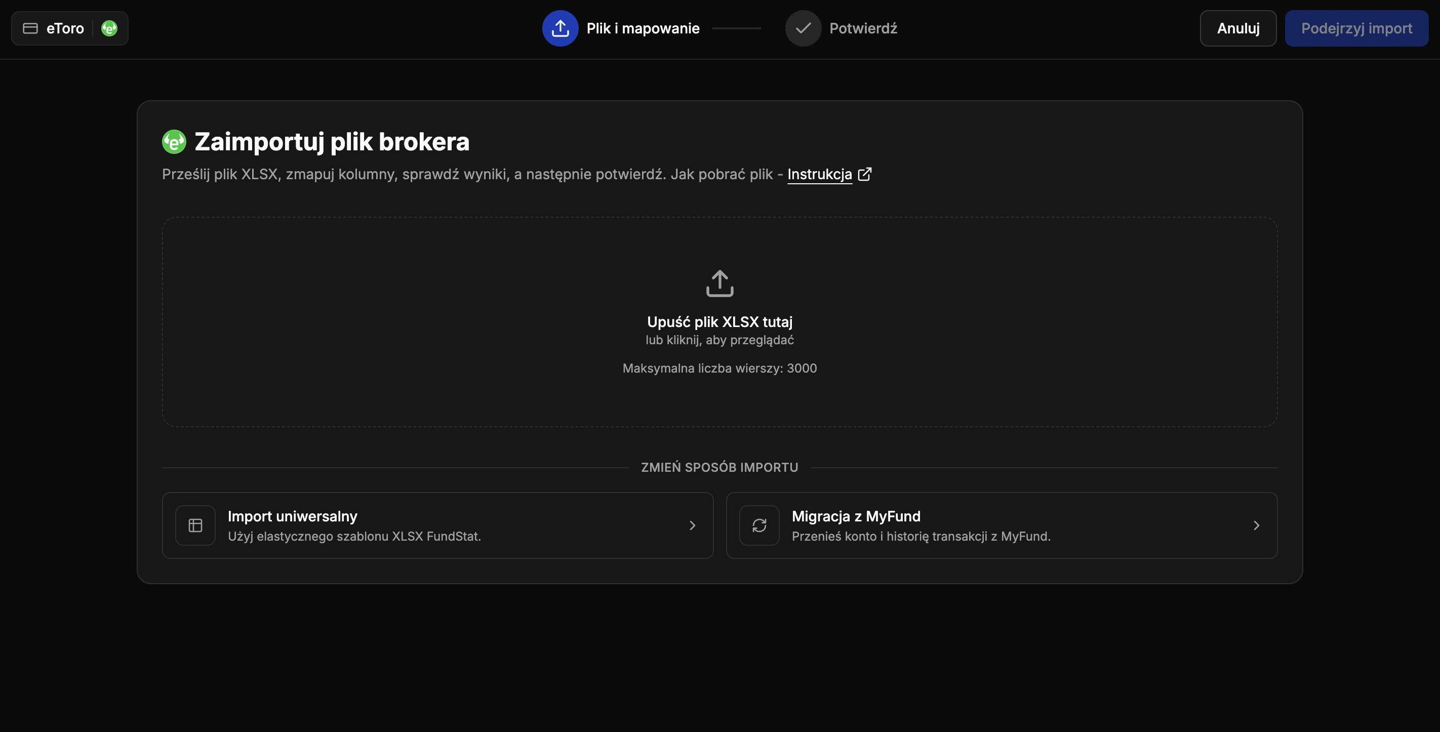 Krok 3 importu eToro