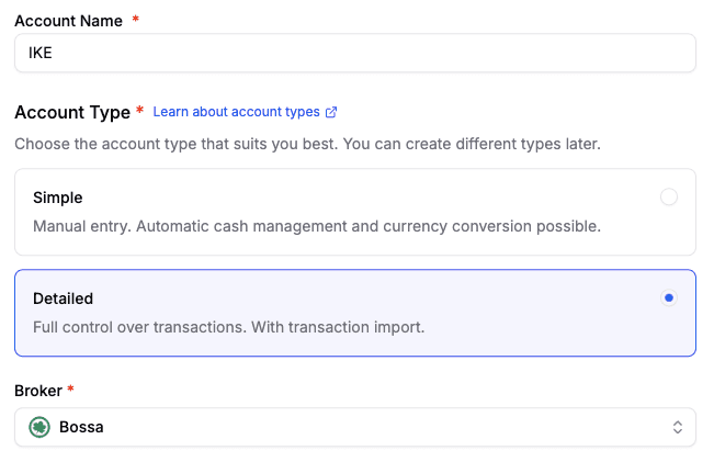 Detailed account creation view