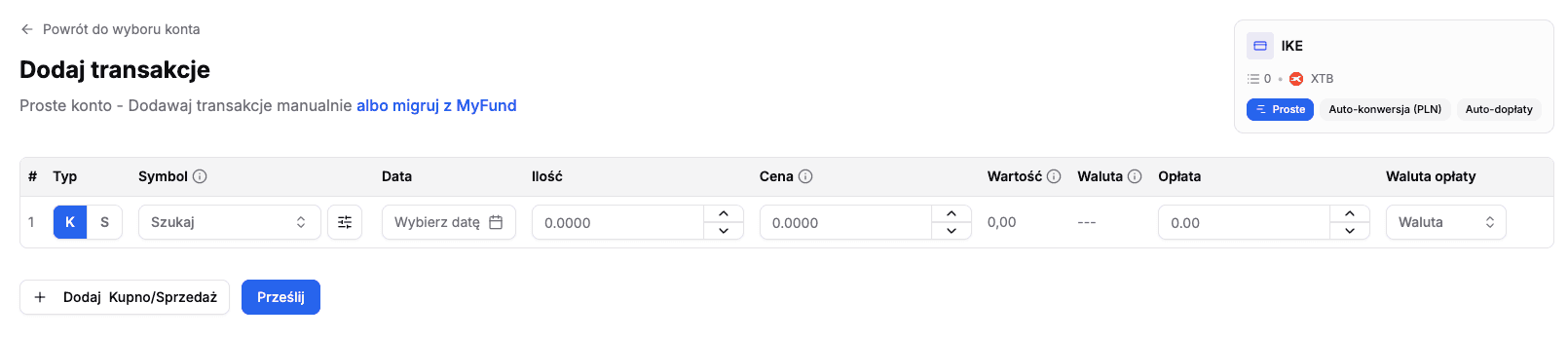 Dodawanie wpisów na koncie Prostym z włączoną automatyzacją