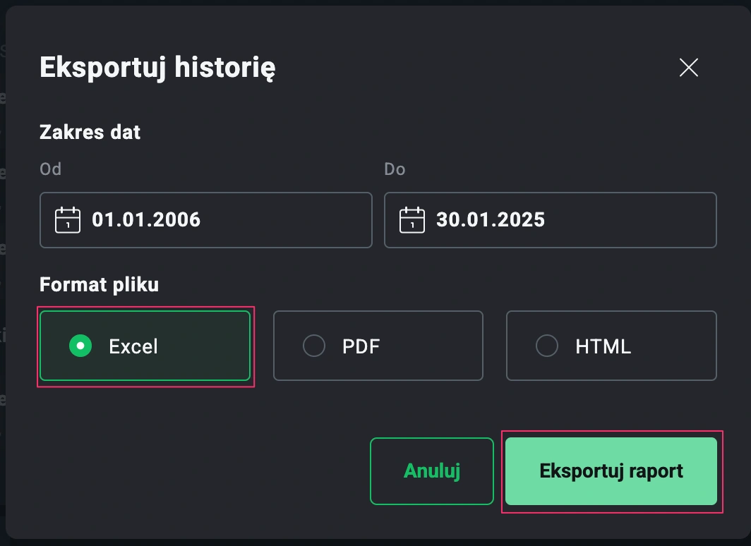 Zrzut ekranu dla Wybierz typ eksportu i zakres dat