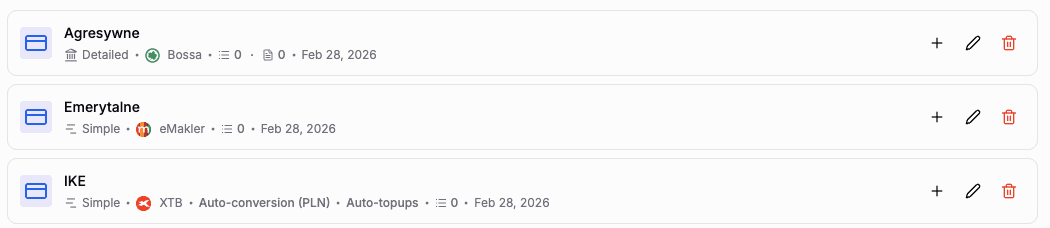 Accounts and Wallets view with three accounts