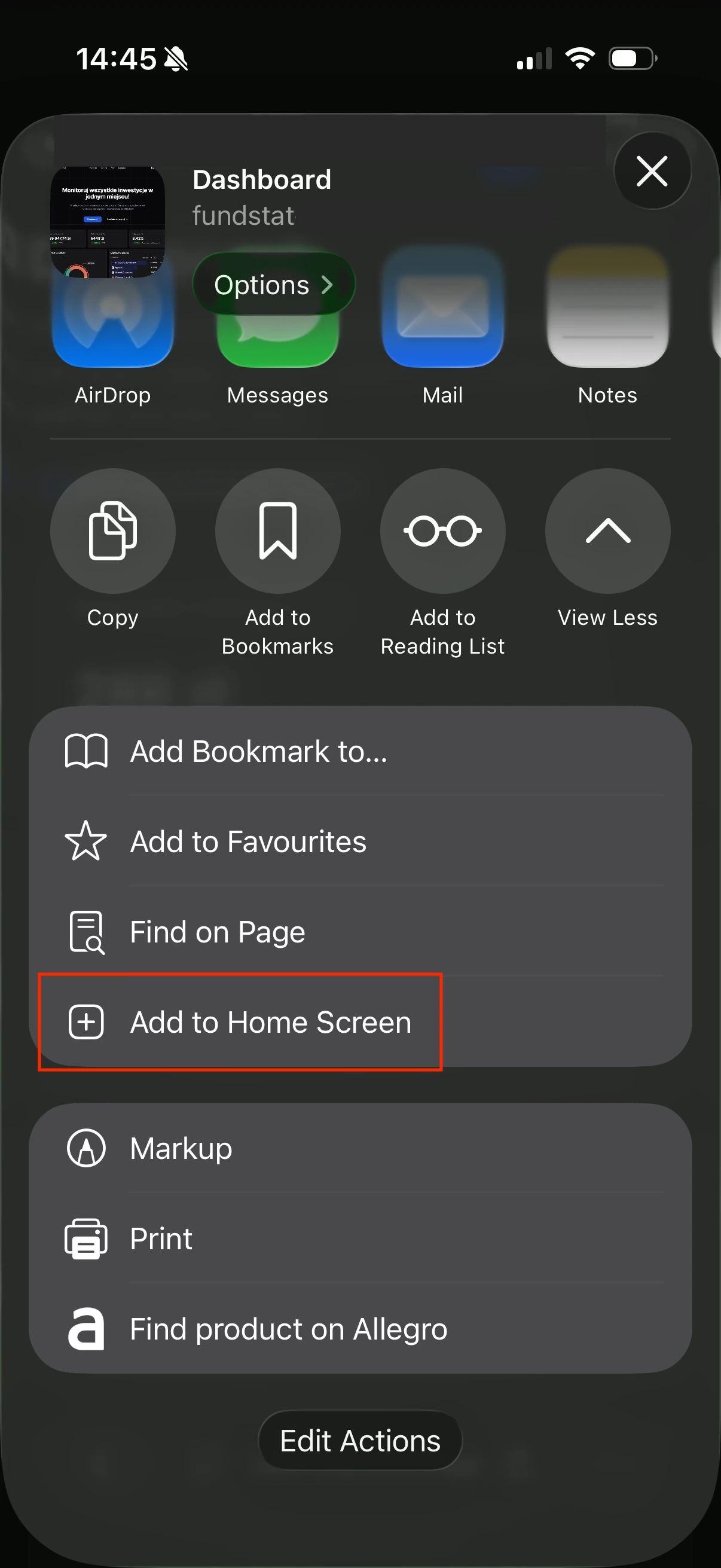 iOS share menu with the Add to Home Screen option