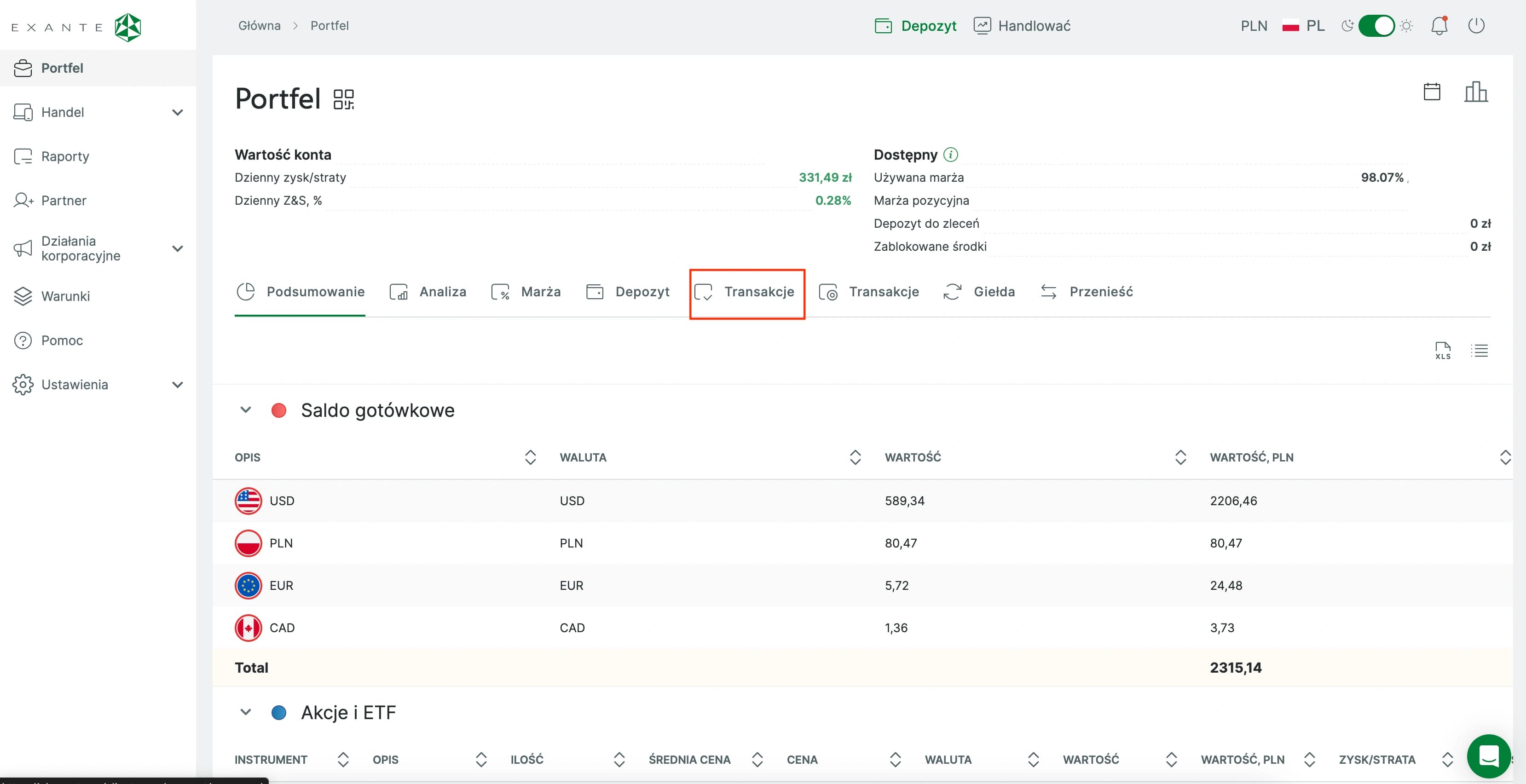 Zrzut ekranu dla Przejdź do zakładki Transakcje