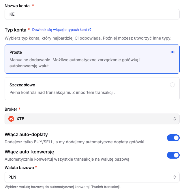 Tworzenie konta Prostego z włączonymi auto-dopłatami i auto-konwersją
