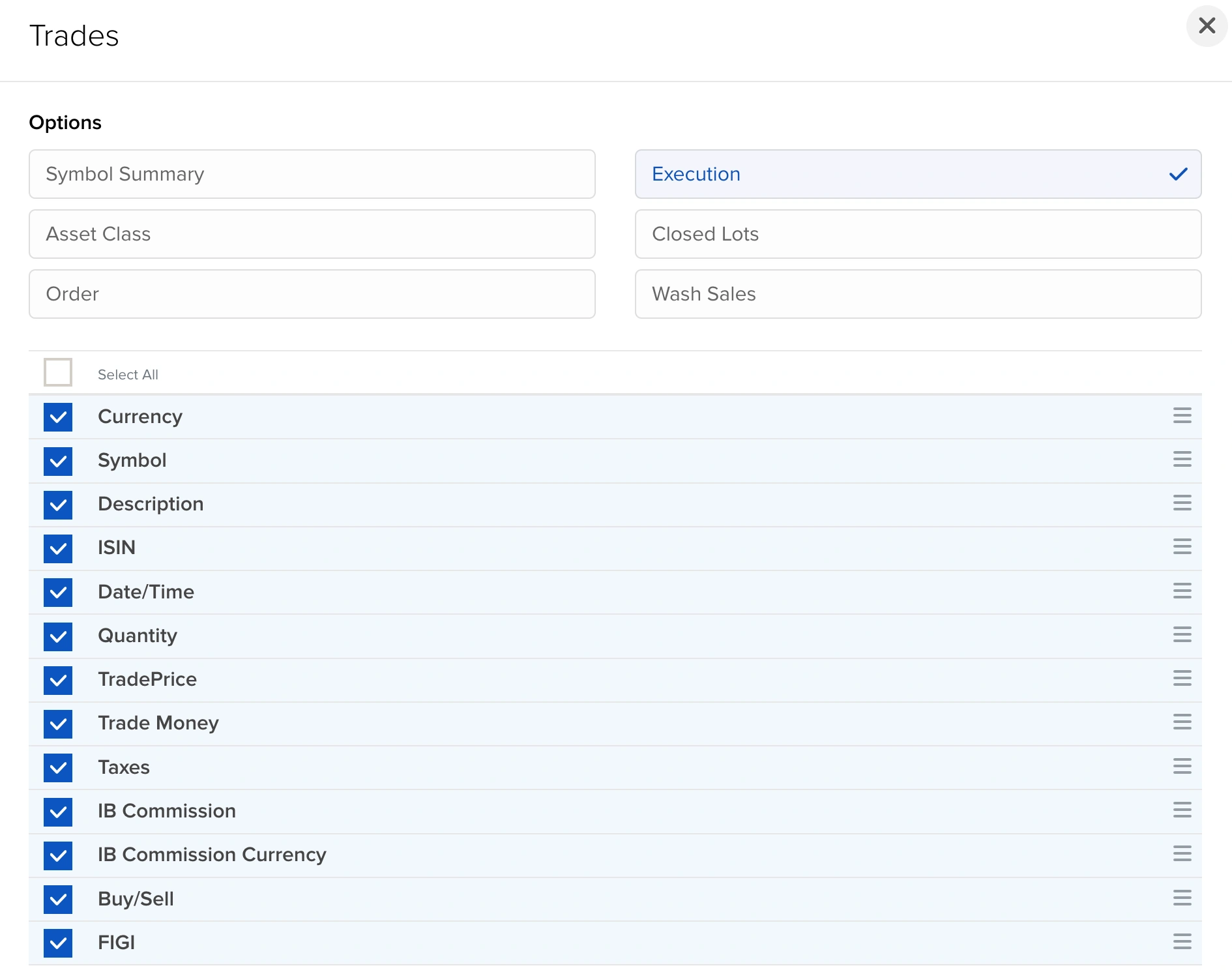 Zrzut ekranu dla Skonfiguruj zapytanie Trades
