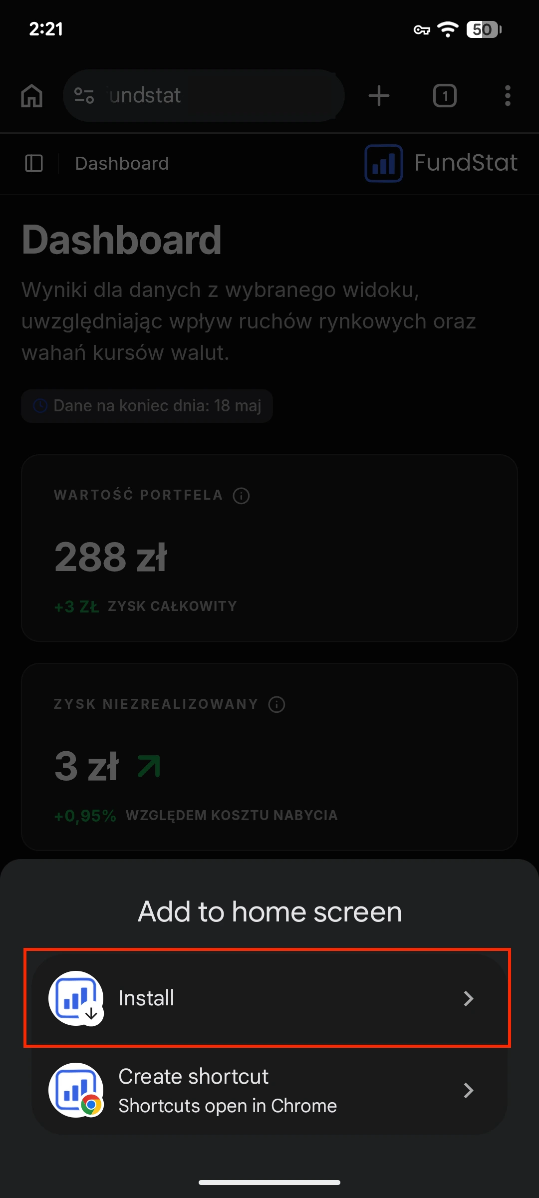 Android menu with the Add to Home screen or install option for FundStat