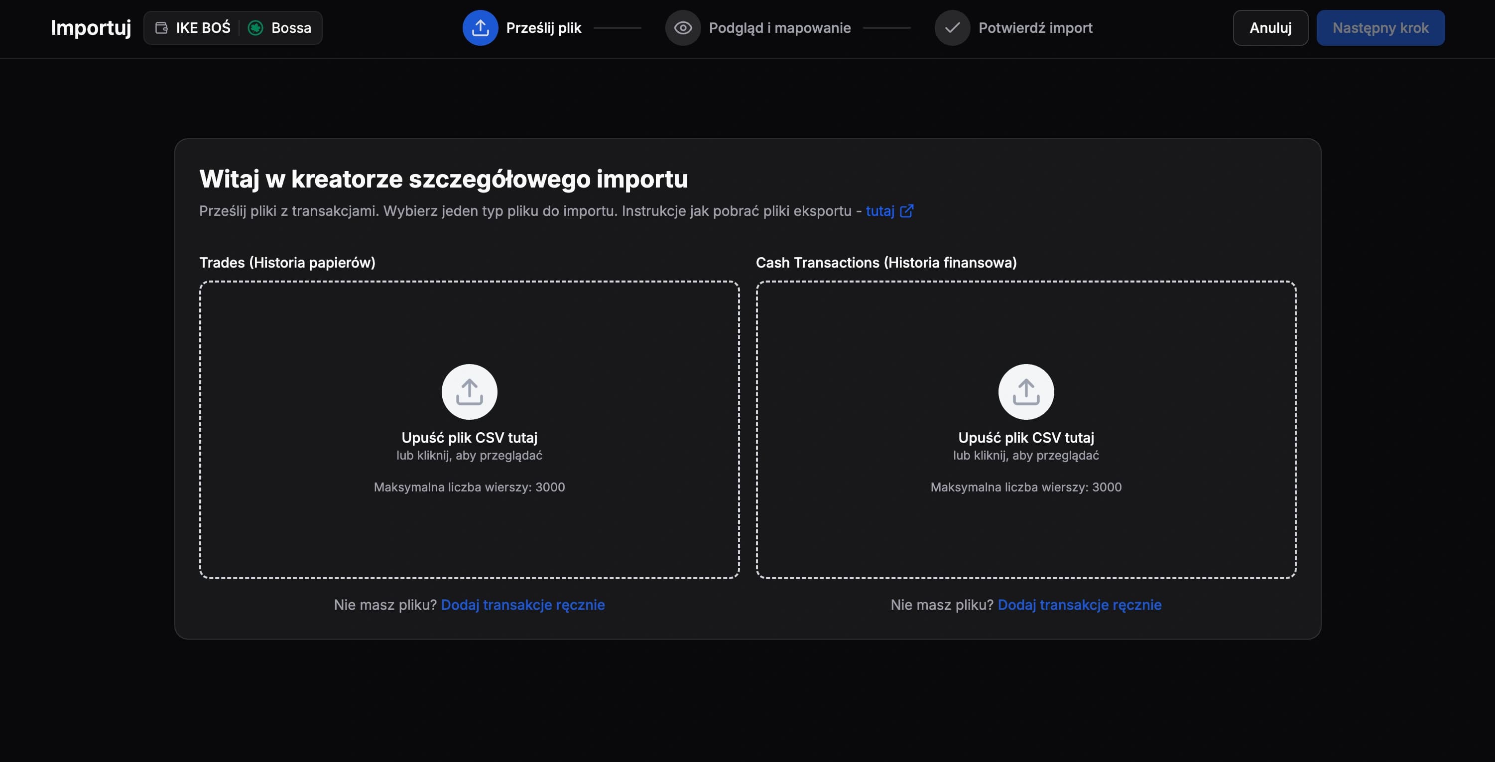 Zrzut ekranu dla Zaimportuj do FundStat