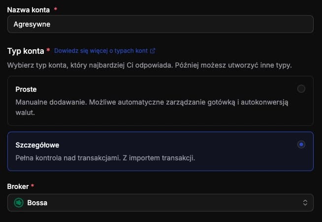 Widok tworzenia konta Szczegółowego