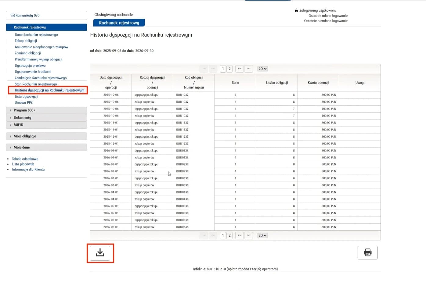 PKO BP disposition history with the history menu and download button highlighted.