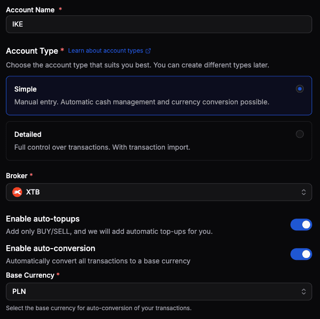 Tworzenie konta Prostego z włączonymi auto-dopłatami i auto-konwersją