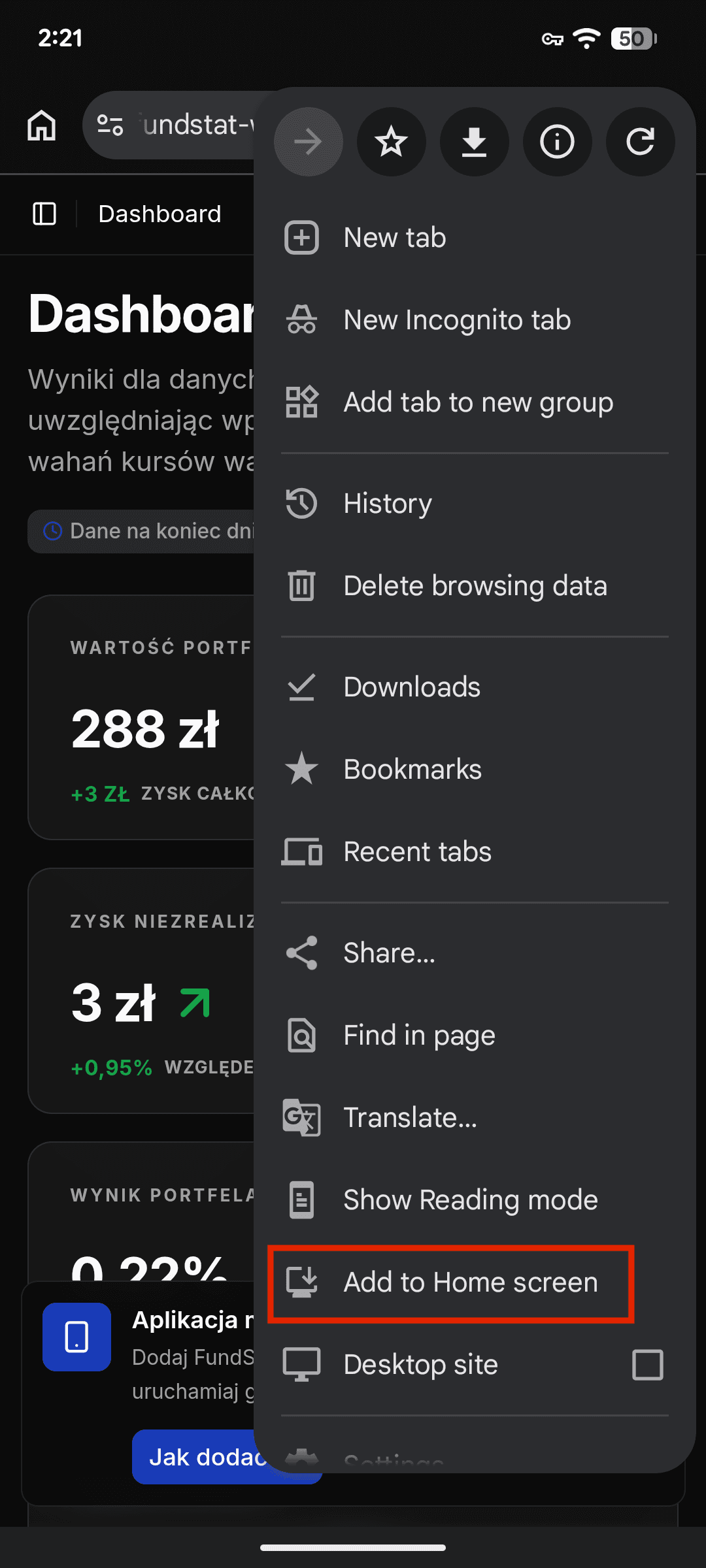 FundStat otwarty w Chrome na Androidzie z dostępnym menu przeglądarki