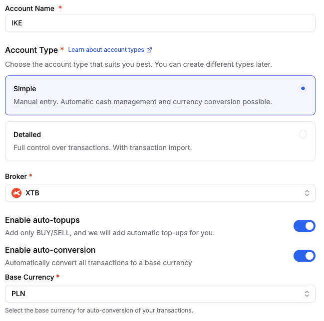 Creating a Simple account with auto-topups and auto-conversion enabled