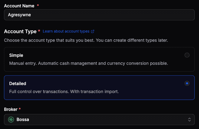 Detailed account creation view