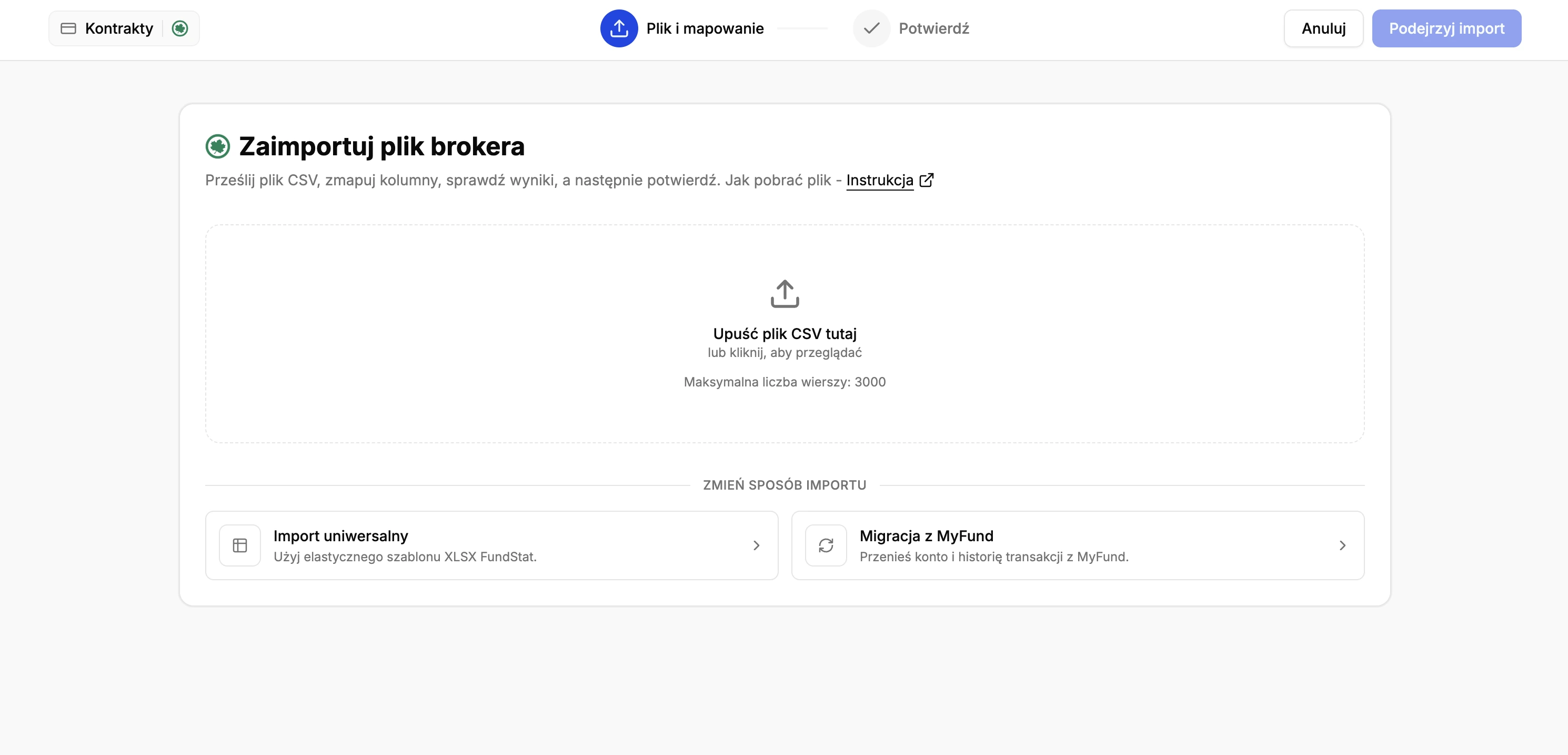 Asystent importu z plikiem brokera oraz opcjami importu uniwersalnego i migracji z MyFund