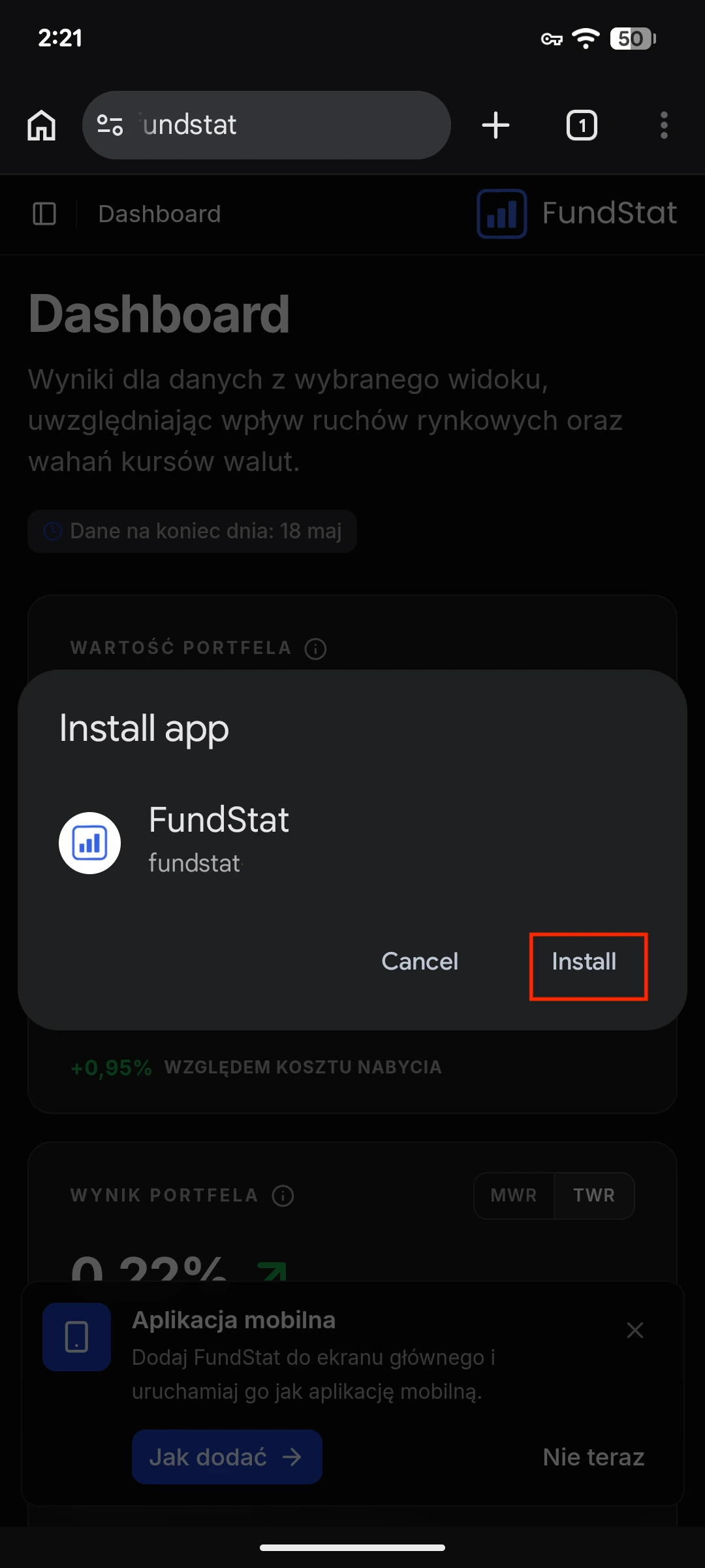 Android confirmation screen for adding FundStat to the home screen