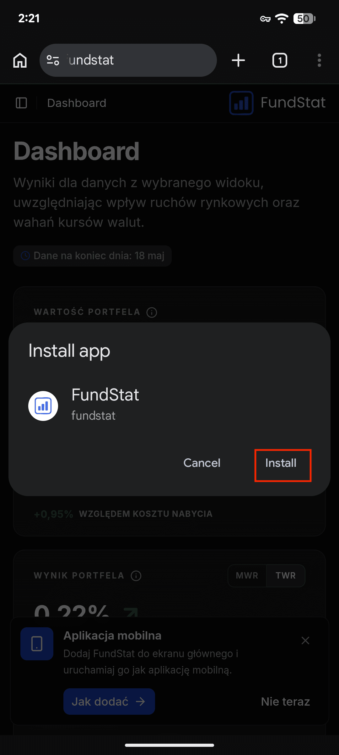 Ekran potwierdzenia dodania FundStat do ekranu głównego na Androidzie